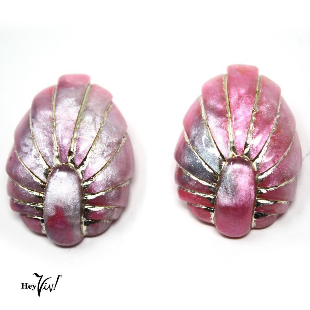 Vintage 80s Statement Earrings Shiny Pink Marbleized Plastic w Silver - Hey Viv